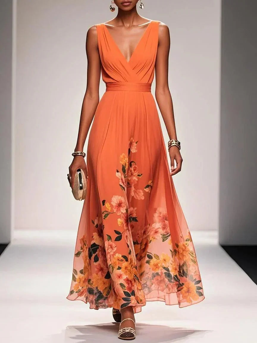 Rückenansicht des eleganten Damen Maxikleids. Leicht, fließend & perfekt für Sommerpartys & Events.