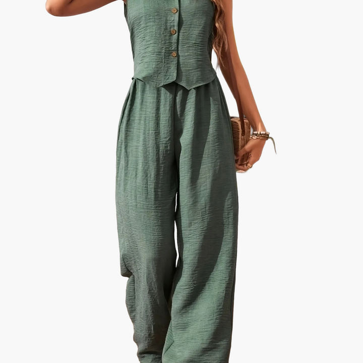 Entspannter Chic für Damen: Zweiteiler Sommeranzug mit Weste & luftiger weiter Hose. Ideal für den Alltag.