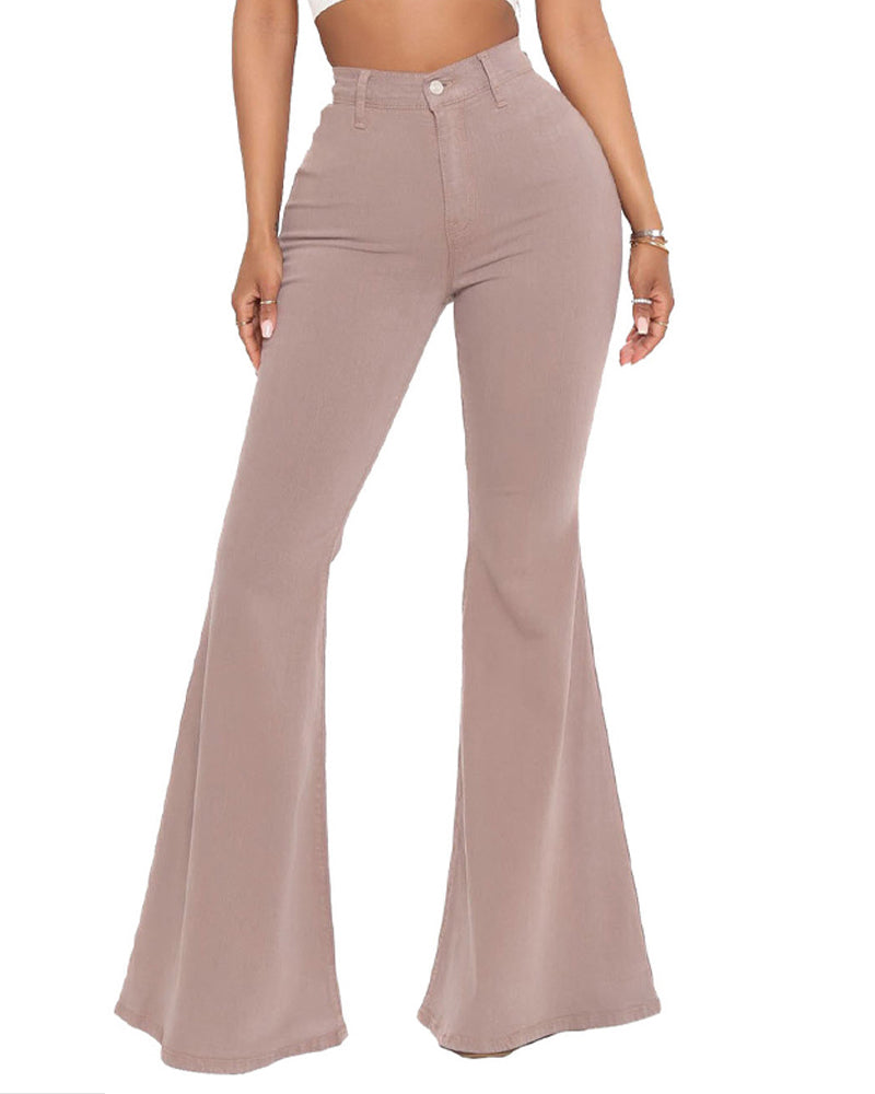 Kurvenbetonende Damen Flare Jeans mit High Waist, elastischem Stoff und lebhaften Farben. Ein Mode-Highlight.