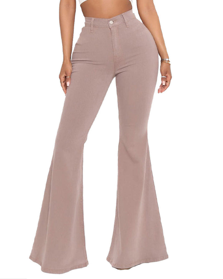 Kurvenbetonende Damen Flare Jeans mit High Waist, elastischem Stoff und lebhaften Farben. Ein Mode-Highlight.