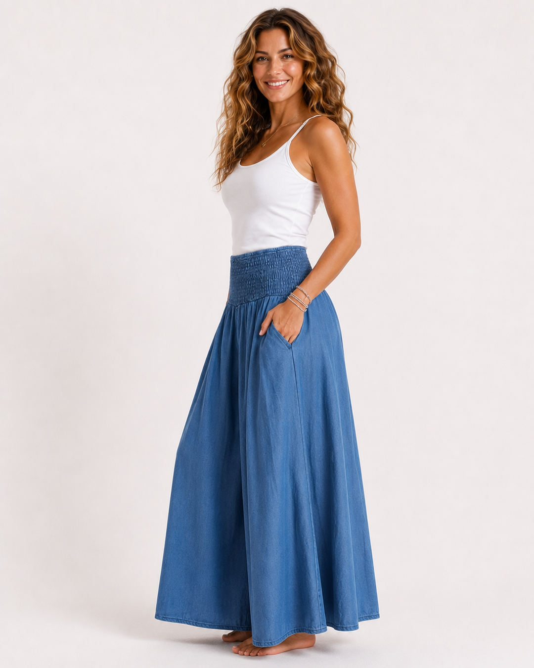 Komfortable Wide Leg Jeans für Damen in Hellblau, ideal für Frühling und Sommer. High Waist Schnitt.