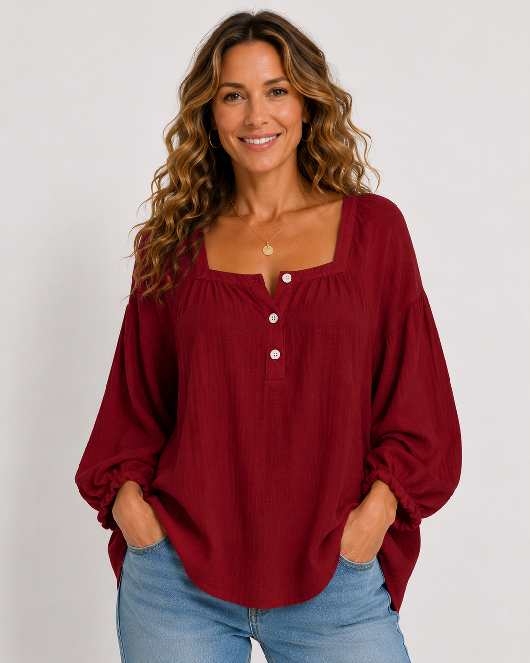 Freizeit-Damenbluse Plus Size: locker, 3/4-Ärmel, quadratischer Ausschnitt, elegant und komfortabel für den Alltag.