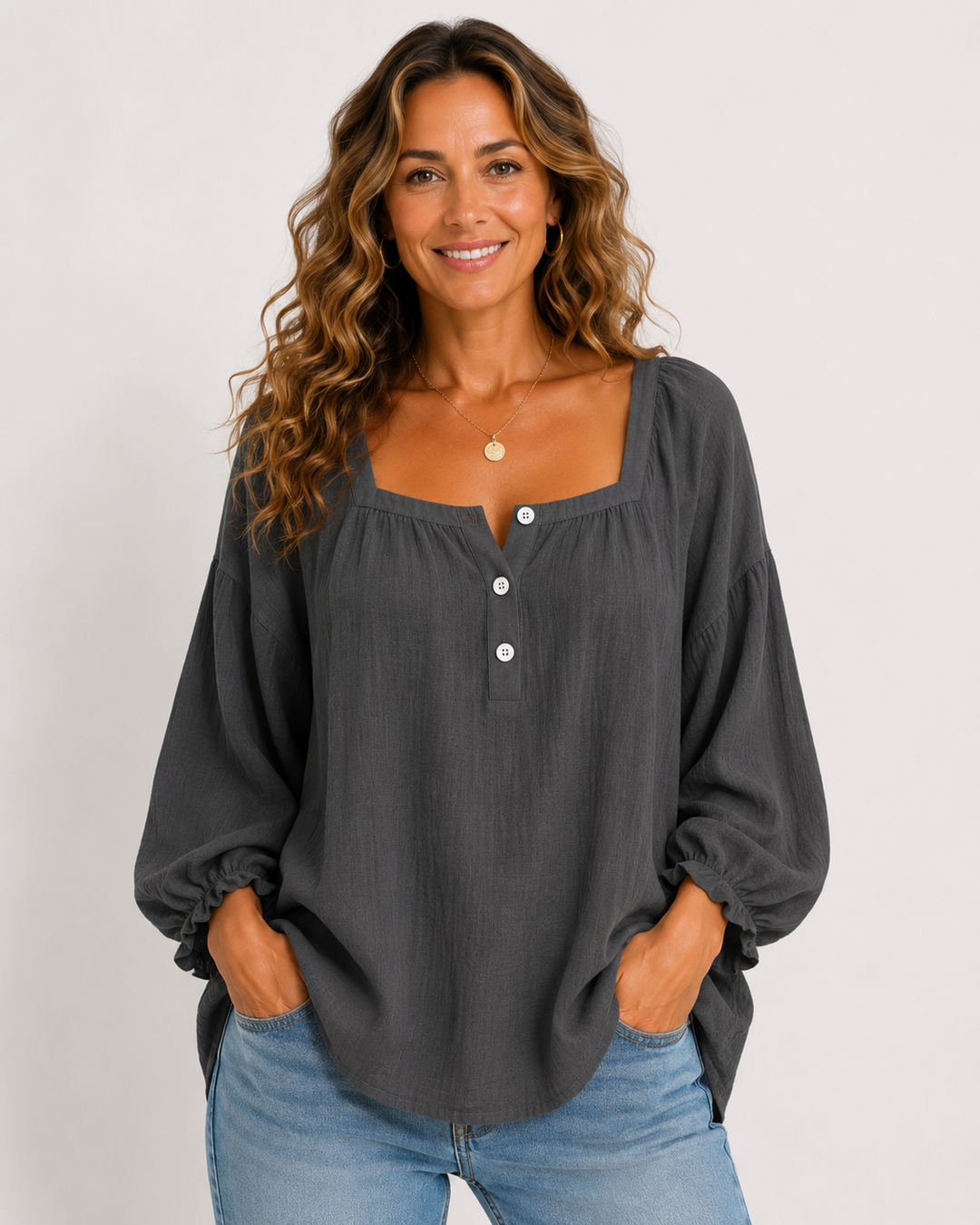 Modisches Damen Plus Size Oberteil: 3/4-Ärmel, quadratischer Ausschnitt, Rüschen, locker geschnitten, komfortabel.