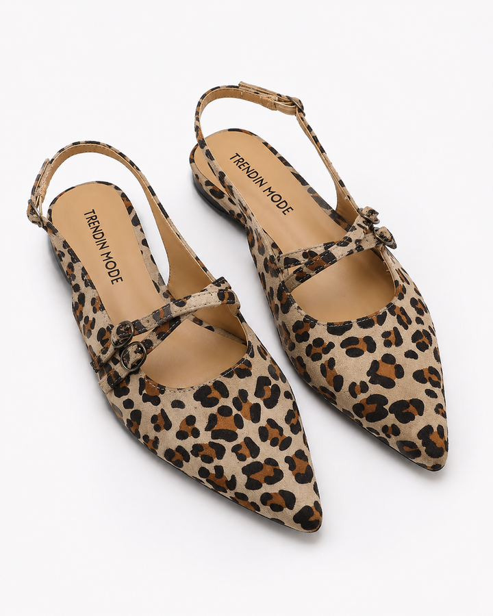 Elegante Damen Büroschuhe: Slip-On Sandalen mit schickem Leopardenmuster & spitzer Zehe, ideal für Freizeit & Job.
