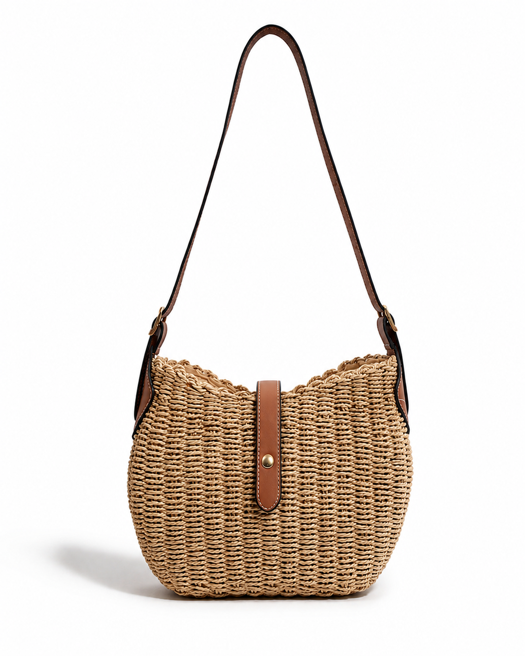 Handgewebte Damen Retro Strohtasche in Beige/Khaki als stilvolle Umhängetasche, perfekt für den Sommer.