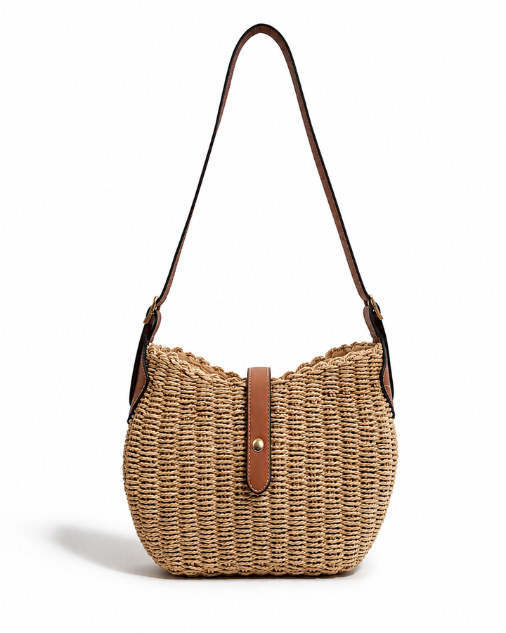 Handgewebte Damen Retro Strohtasche in Beige/Khaki als stilvolle Umhängetasche, perfekt für den Sommer.