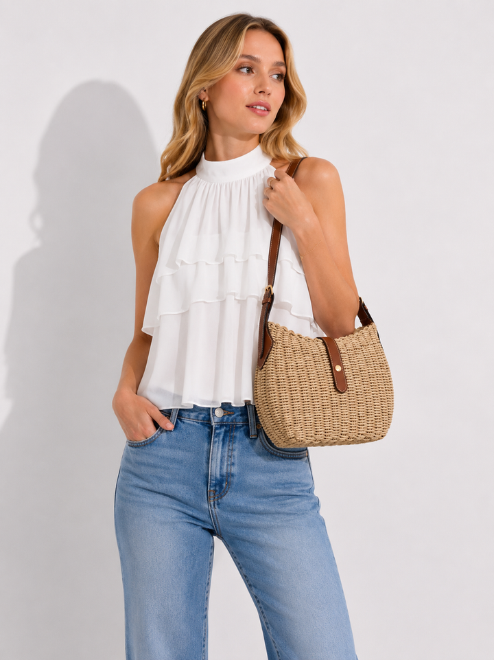 Damen Retro Strohtasche, handgewebt, als Umhängetasche in Beige für Sommer & Boho-Look.