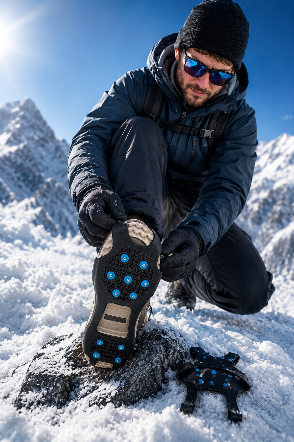 Schwarze Schuhspikes für sicheren Halt auf Schnee und Eis beim Gehen.