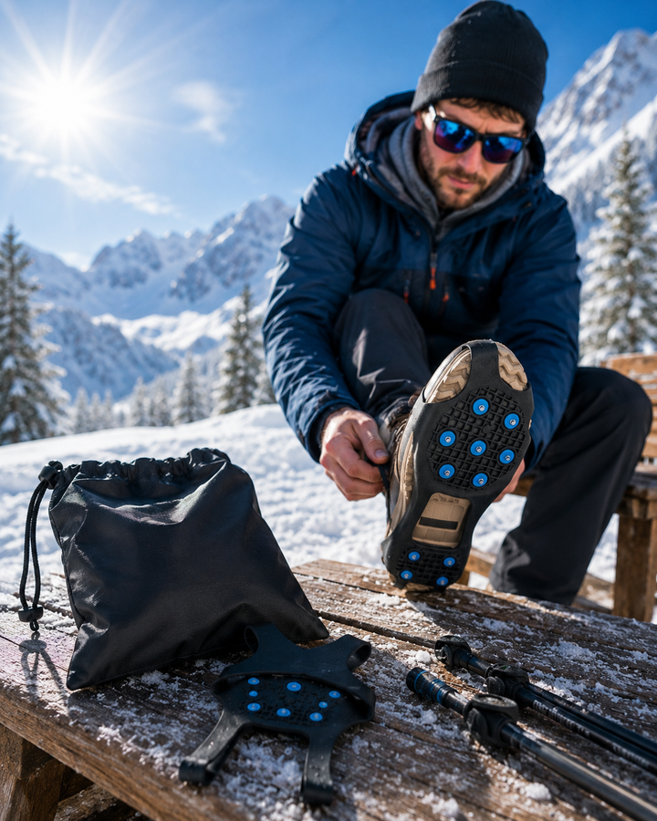 Robuste Schuhspikes mit Metallstiften, schwarz, bieten optimalen Grip auf vereisten Wegen.