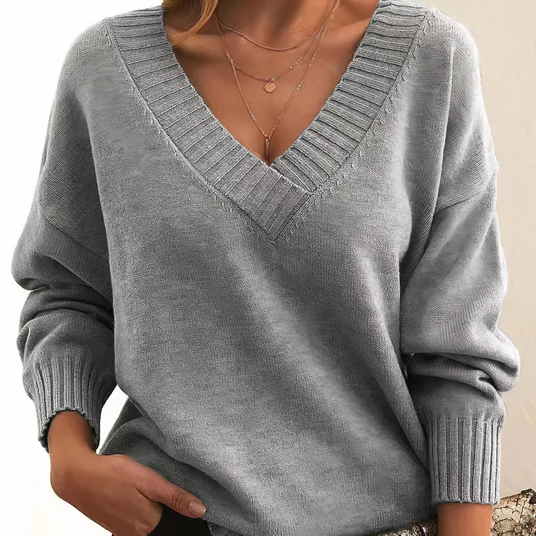 Stilvoller Damen Langarm Pullover Isabella aus Kaschmir, V-Ausschnitt, perfekt für kühle Tage.