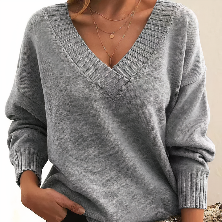 Stilvoller Damen Langarm Pullover Isabella aus Kaschmir, V-Ausschnitt, perfekt für kühle Tage.