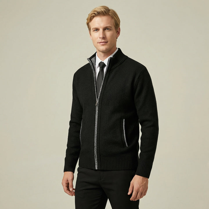 Stilvolle Herren Strickjacke mit Stehkragen und Reißverschluss, ideal als Übergangsjacke.