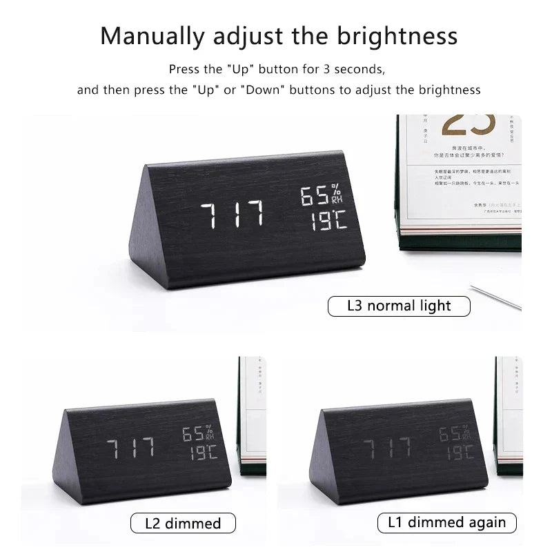 Smart Home kompatibler LED Wecker in Holzoptik, bietet Sprachsteuerung und modernes Design.
