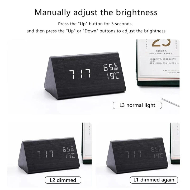 Smart Home kompatibler LED Wecker in Holzoptik, bietet Sprachsteuerung und modernes Design.