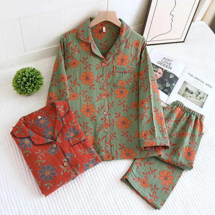Damen Pyjama-Set aus weicher Baumwolle, florales Muster & bequemer Schnitt; idealer Schlafanzug.