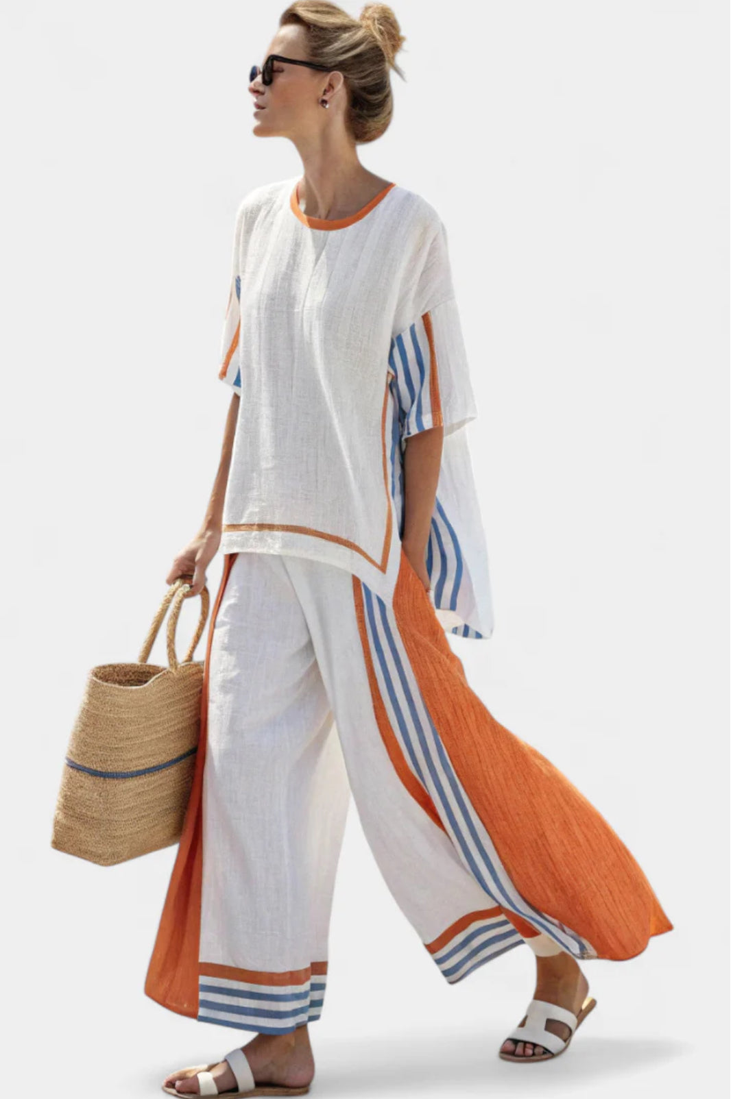 Damen Sommer Set mit gestreifter Boho Tunika & weiter Hose für entspannte Freizeit und Reisen.