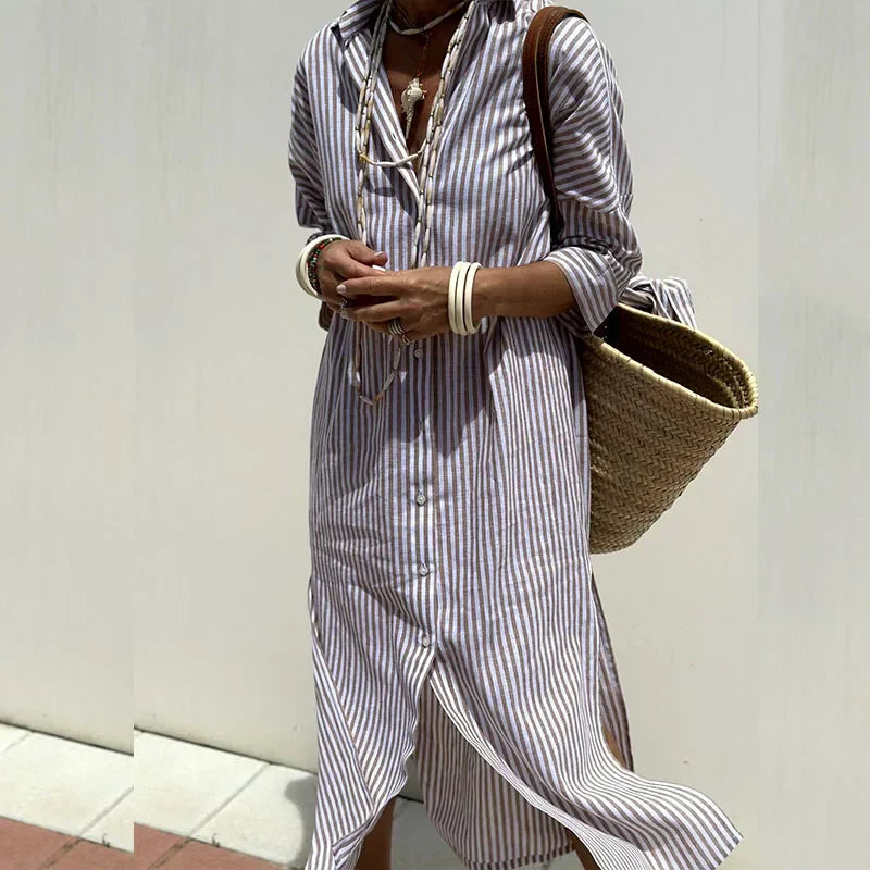 Vielseitiges Damen Freizeitkleid mit Streifenmuster, Knopfleiste & 3/4 Ärmeln; für Sommer & Urlaub.