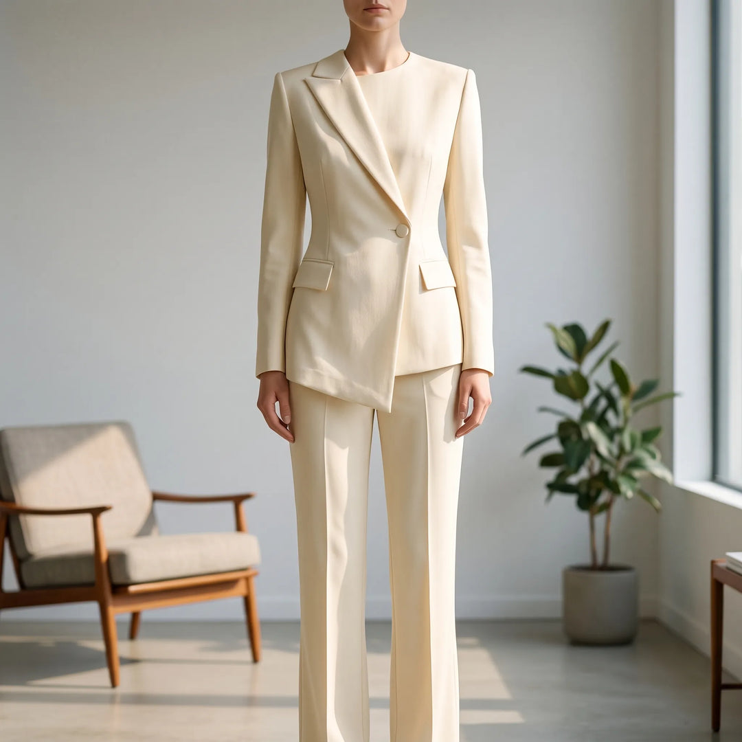 Asymmetrischer Damen Hosenanzug Suzanne. Eleganter Zweiteiler, ideal für Business & Büro. Modischer Poweranzug.