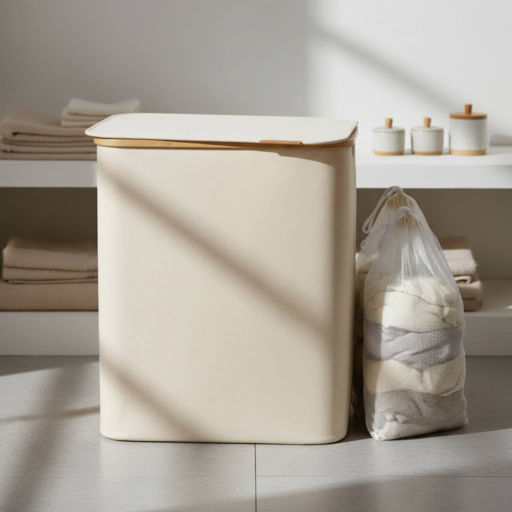 Atmungsaktiver Textil Wäschekorb FreshFold mit 3 Fächern zur einfachen Wäschesortierung im Badezimmer.