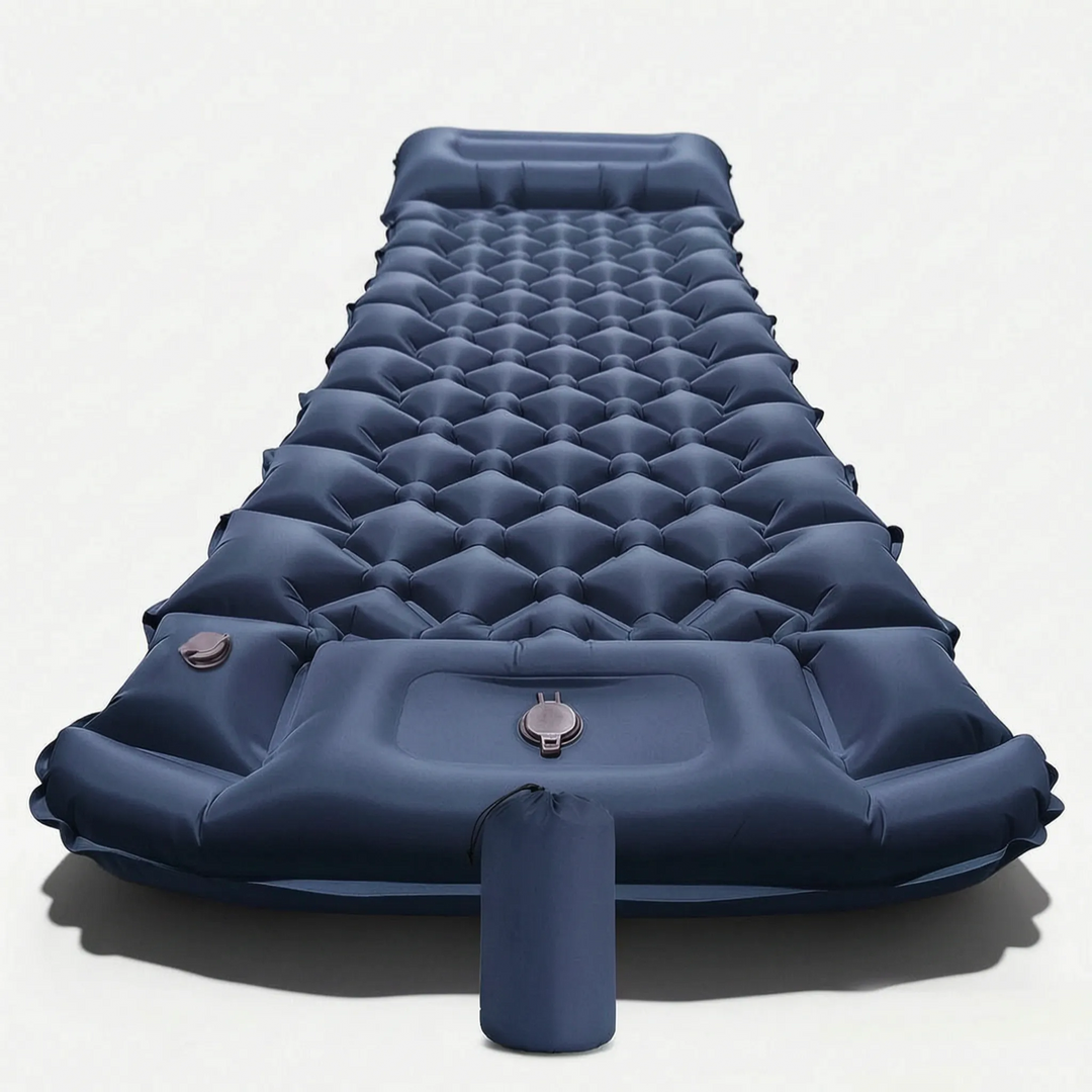 Aufblasbare Isomatte mit fest integriertem Kissen. Eine praktische Schlafmatte für Camping, Outdoor und als Gästebett.