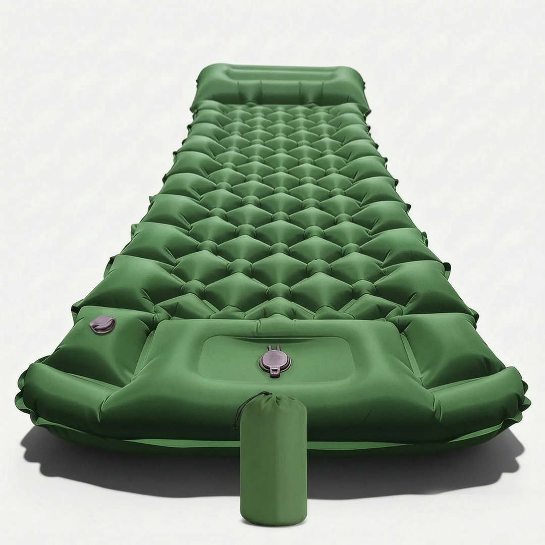 Robuste aufblasbare Luftmatratze mit Kissen, ideal für Camping, Wandern, Reisen oder als komfortables Gästebett.
