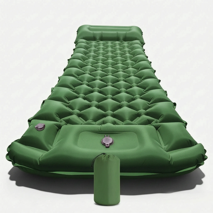 Robuste aufblasbare Luftmatratze mit Kissen, ideal für Camping, Wandern, Reisen oder als komfortables Gästebett.