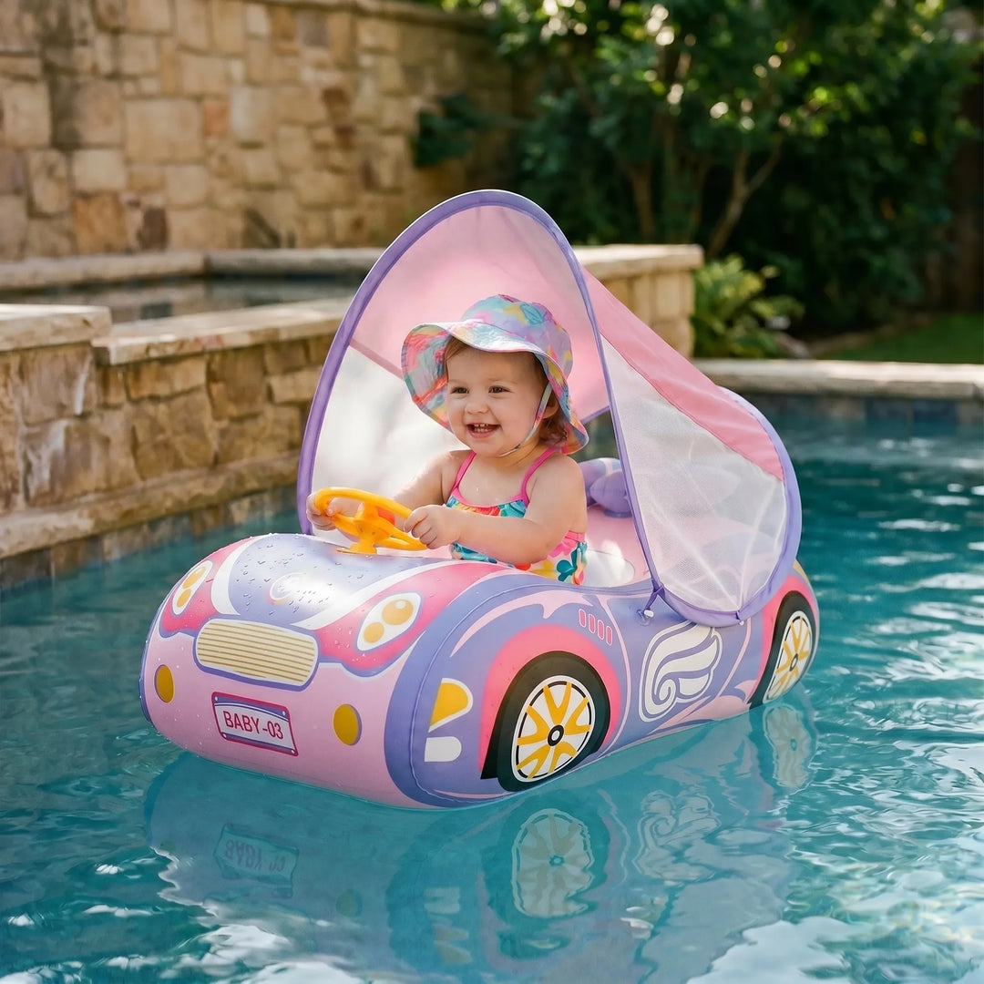 Aufblasbares Kinderschwimmauto mit Sonnenschutz für sicheren Badespaß im Pool oder am Strand.