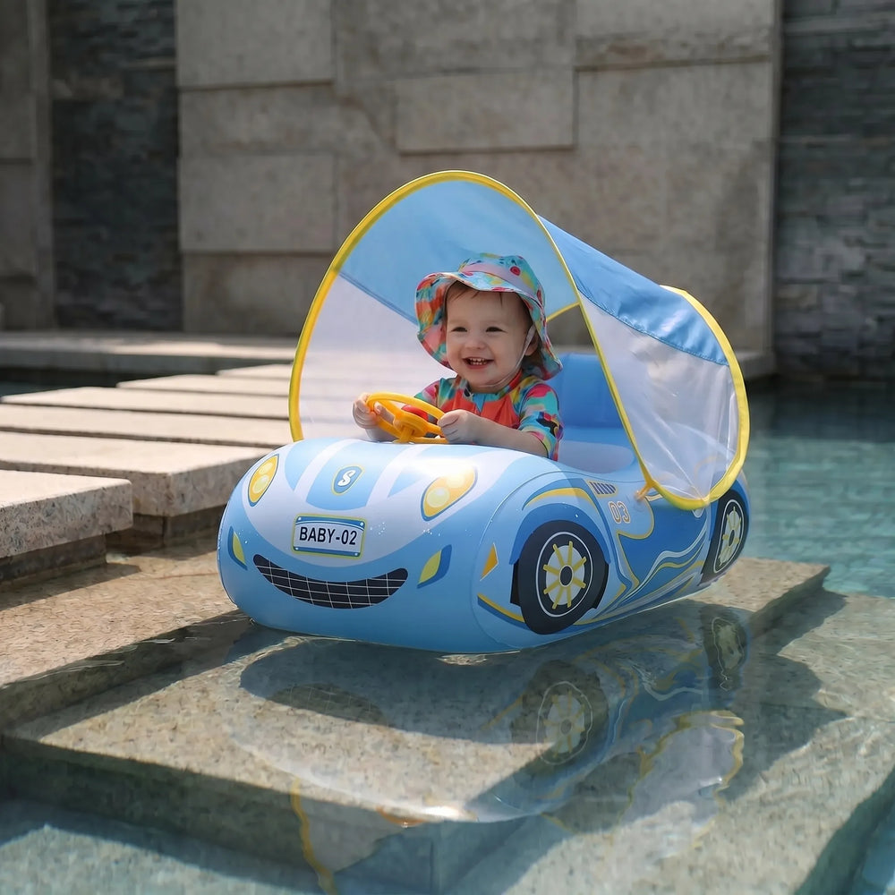 Sonnengeschütztes Babyschwimmauto, aufblasbar, für sicheres Planschen im Wasser.
