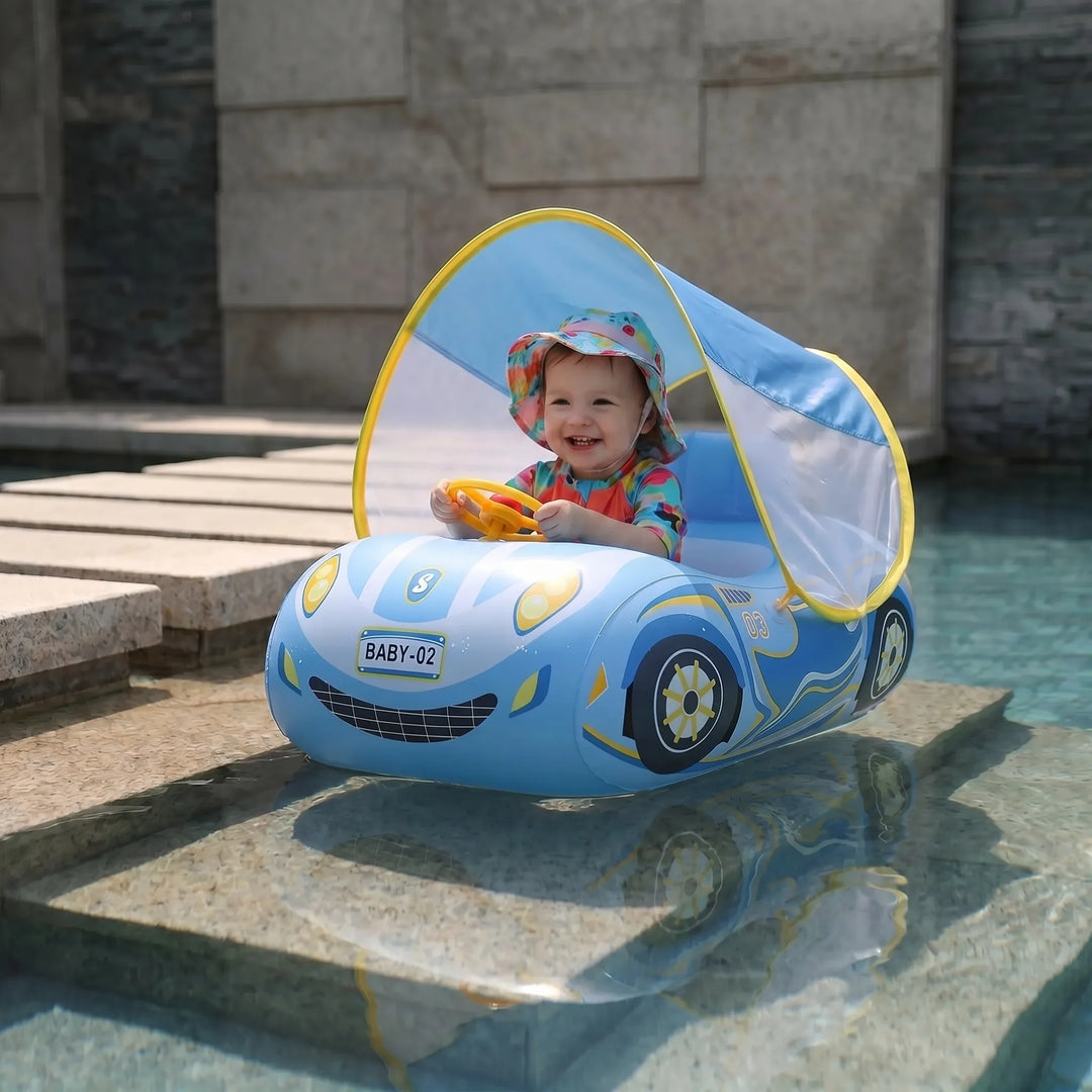 Sonnengeschütztes Babyschwimmauto, aufblasbar, für sicheres Planschen im Wasser.