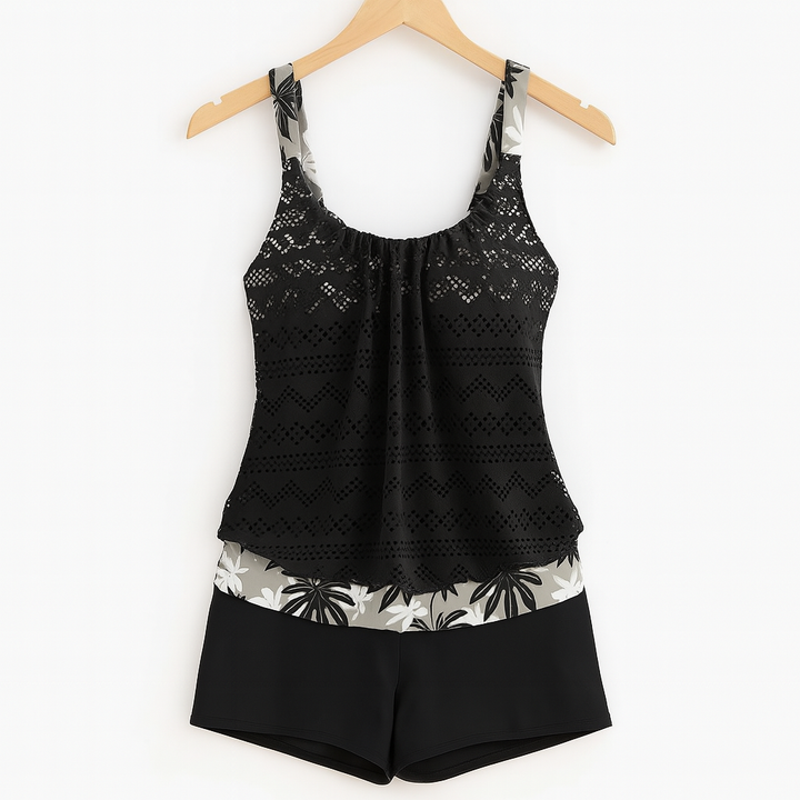 Damen Tankini Set mit Print-Top und bequemer Shorts für Strand und Pool.