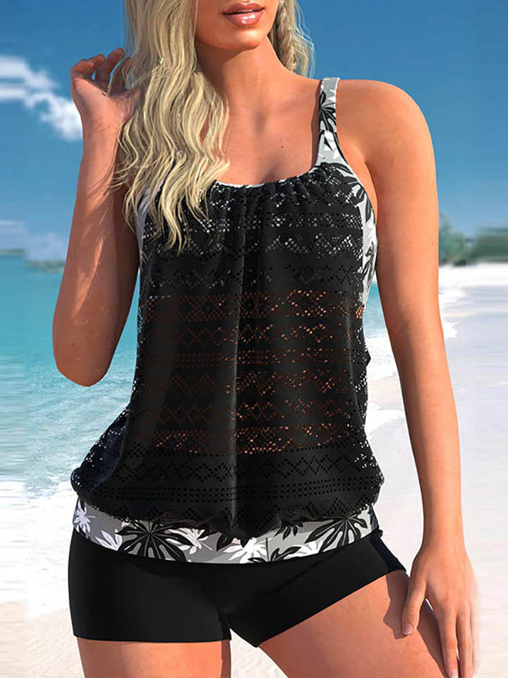 Stylisches Damen Tankini Set für Urlaub und Strand: Print-Top und bequeme Shorts für unbeschwerten Badespaß.