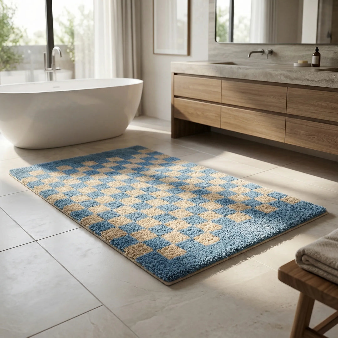 Weicher Badeteppich mit Karomuster. Gemütliches, rutschfestes Wohnaccessoire für Ihr modernes Badezimmer.