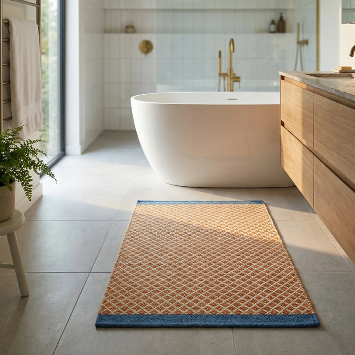 Rutschfester Badeteppich mit klassischem Karomuster. Weiche Badematte für mehr Sicherheit und Wärme im Badezimmer.