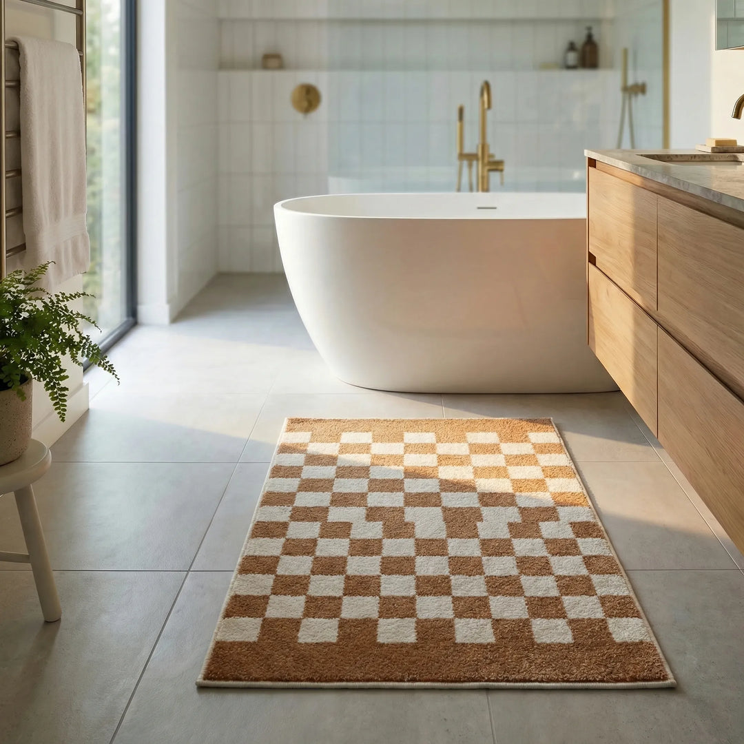 Gemütlicher Badeteppich mit Karomuster. Das weiche Wohnaccessoire ist pflegeleicht und ideal für Ihr Badezimmer.