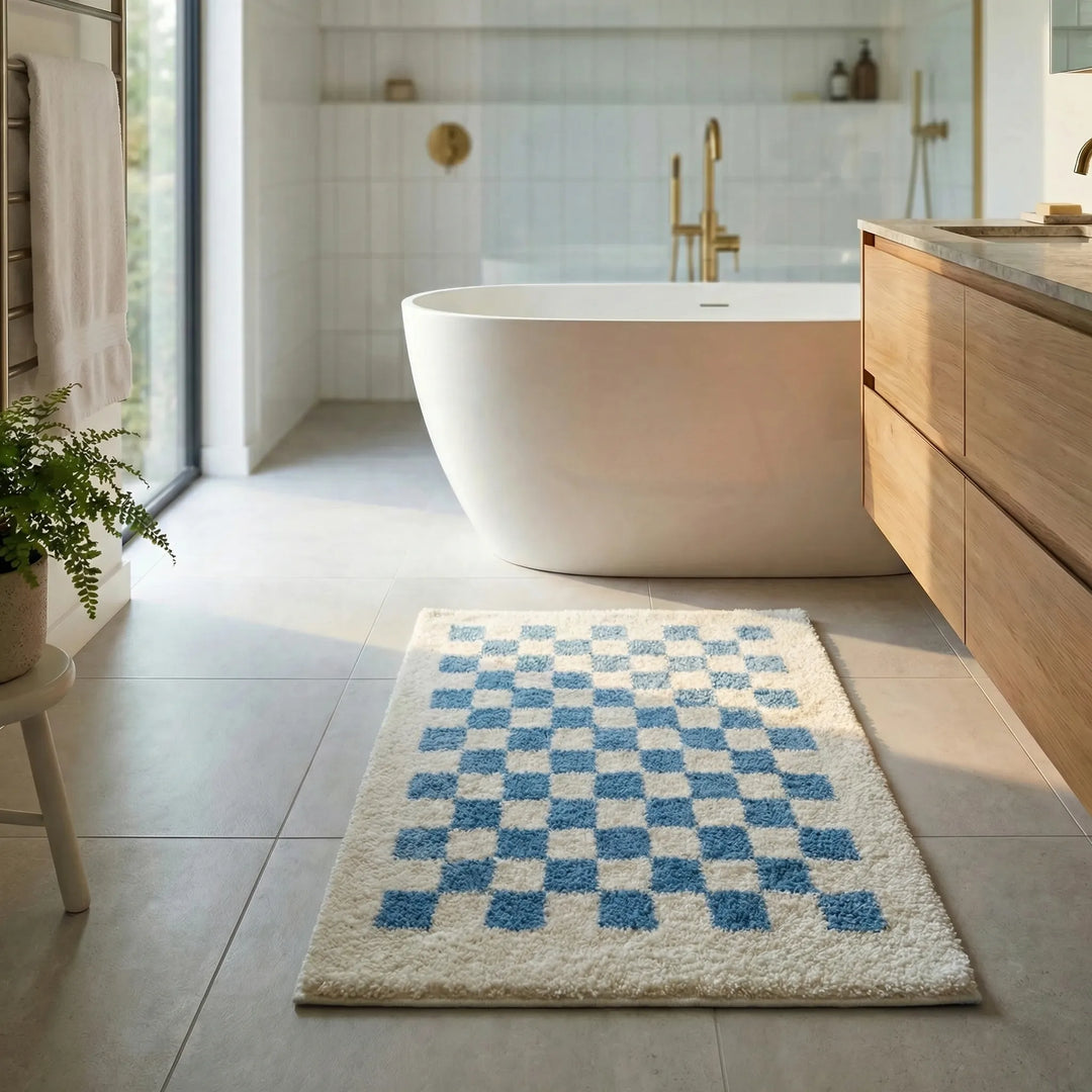 Design-Badeteppich mit Karomuster. Eine weiche, rutschfeste Badematte, die Ihr Badezimmer stilvoll ergänzt.