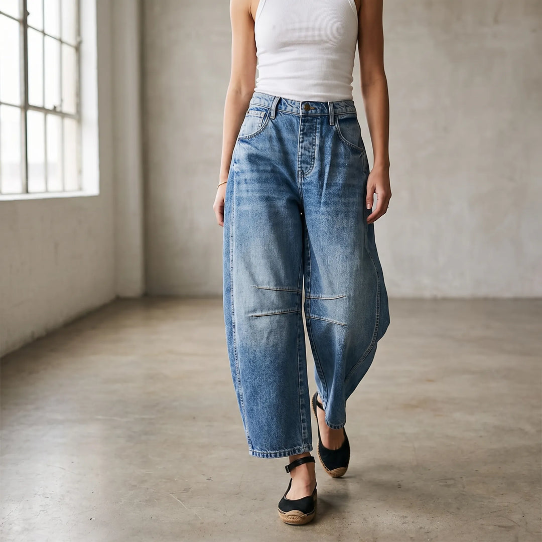 Damen Barrel Jeans für entspannten Alltagsstil, hoher Tragekomfort, lässige weite Hose.