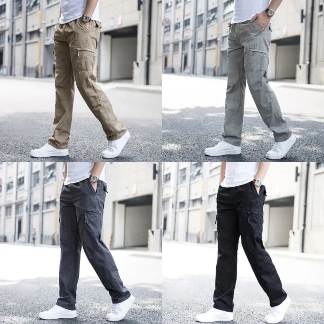 Graue Herren Cargohose aus dehnbarem Stoff, mit geradem Schnitt für Arbeit und Freizeit.