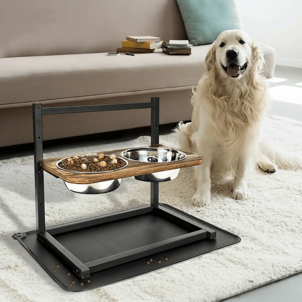 Erhöhte Hundefutterstation mit zwei Edelstahlnäpfen für Hunde; ergonomische Futterbar für Komfort & Sauberkeit.