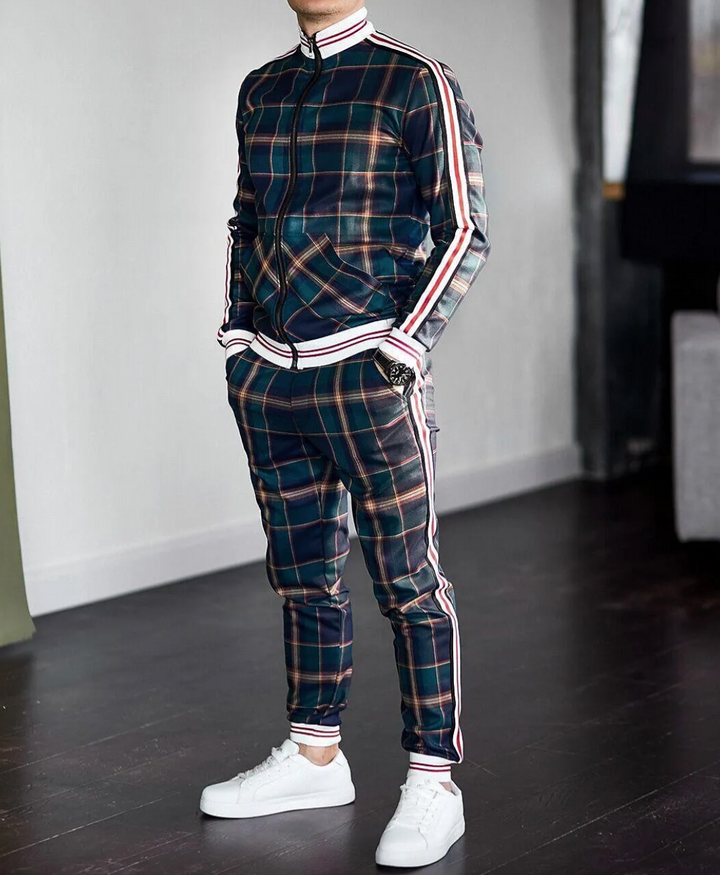 Stylisches Herren Trainingsset Dorian mit Karomuster, perfekt für Sport & Freizeit. Lässiger Zweiteiler in Slim Fit.
