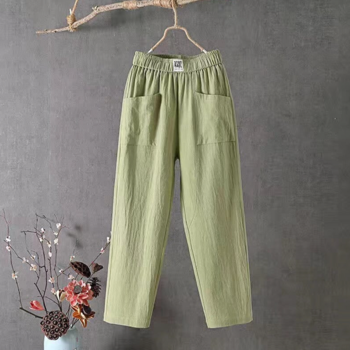 Dunkelblaue Damen Leinenhose Livia mit elastischem Bund, perfekt für bequeme Sommer-Freizeitmode.