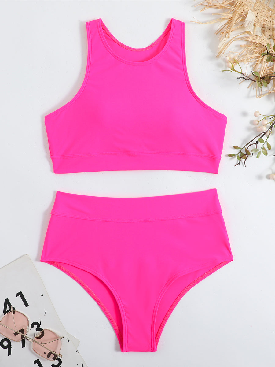Damen Bikini Set mit elegantem, geschlossenem Oberteil und hoher Beinausschnitt-Hose, ideal für Bademode.