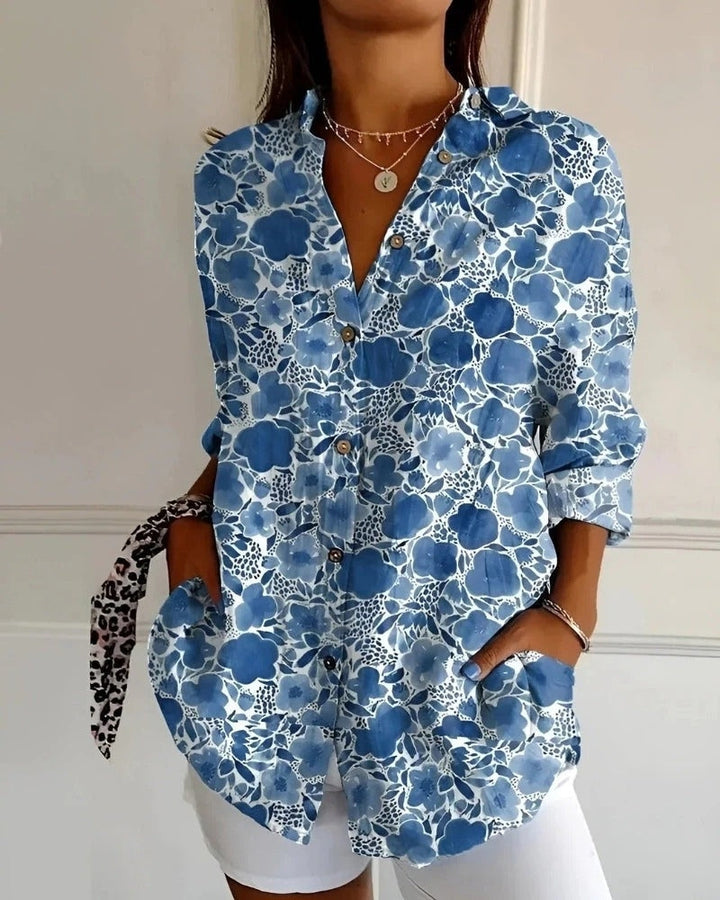 Bürotaugliche Printbluse für Damen, langärmlig, mit dezentem Muster, sehr elegant & professionell.