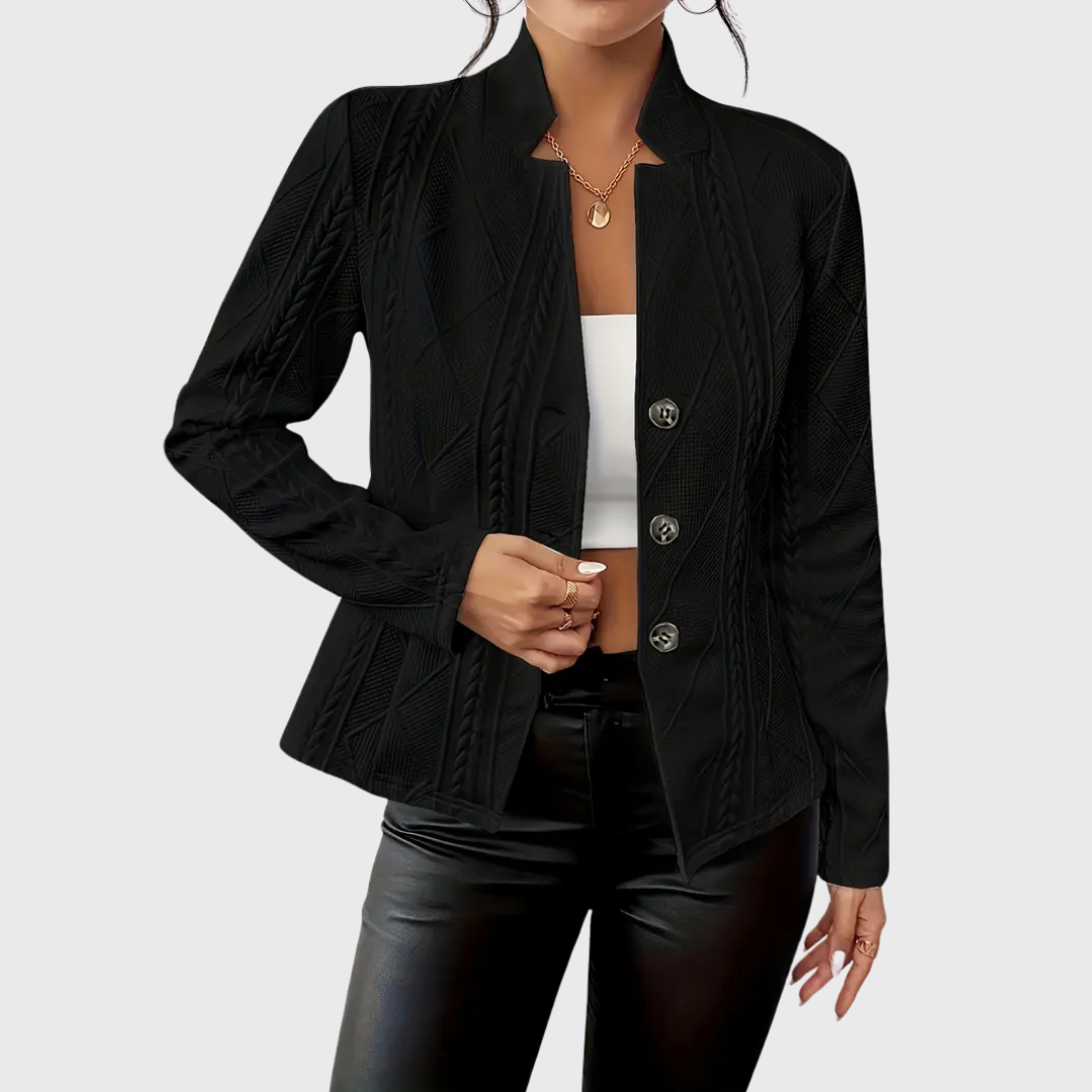 Chicer Damen Freizeit Blazer mit strukturiertem Zopfmuster, Stehkragen & Knopfleiste. Perfekt für elegante Herbst-Looks.