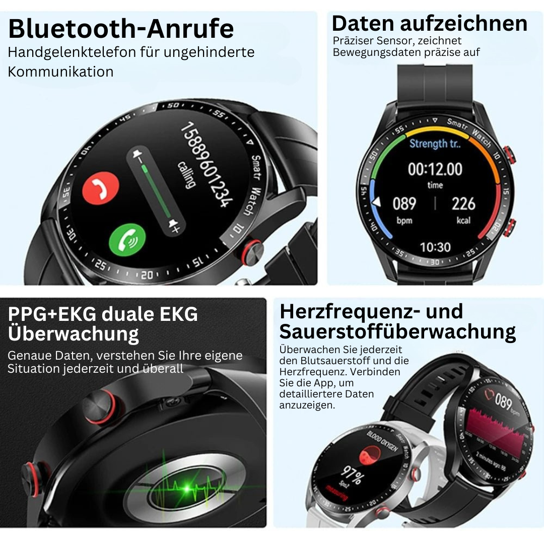 Smarte Unisex Uhr: Bluetooth Anrufe, EKG, Herzfrequenz, Benachrichtigungen. Praktische Gesundheits- und Sportuhr.