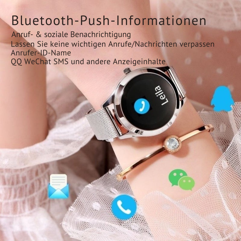 Nahaufnahme einer Rose Gold Smartwatch für Damen, mit klarem Display & feinem Edelstahlarmband.