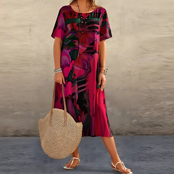 Modernes Damen Blumenkleid mit Kunstprint, abstraktem Muster und relaxed Fit, fließender Midi-Schnitt für Frühling.
