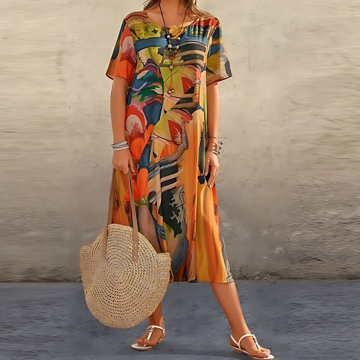 Elegantes Damen Midi-Kleid mit Blumenmuster, abstraktem Design, kurzen Ärmeln und fließendem Schnitt für den Sommer.