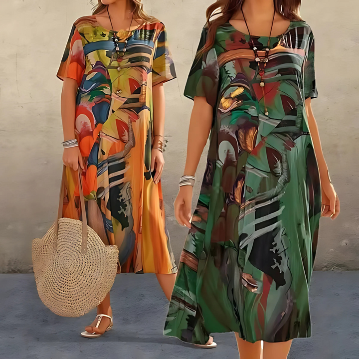 Auffälliges Damen Statementkleid mit abstraktem Blumenmuster, fließendem Schnitt, kurzen Ärmeln für Frühling/Sommer.