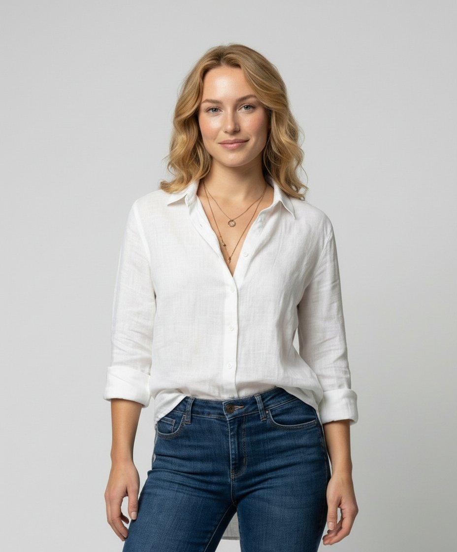 Klassische Damen Hemdbluse mit elegantem Dreiviertelarm und stilvollem Umlegekragen.