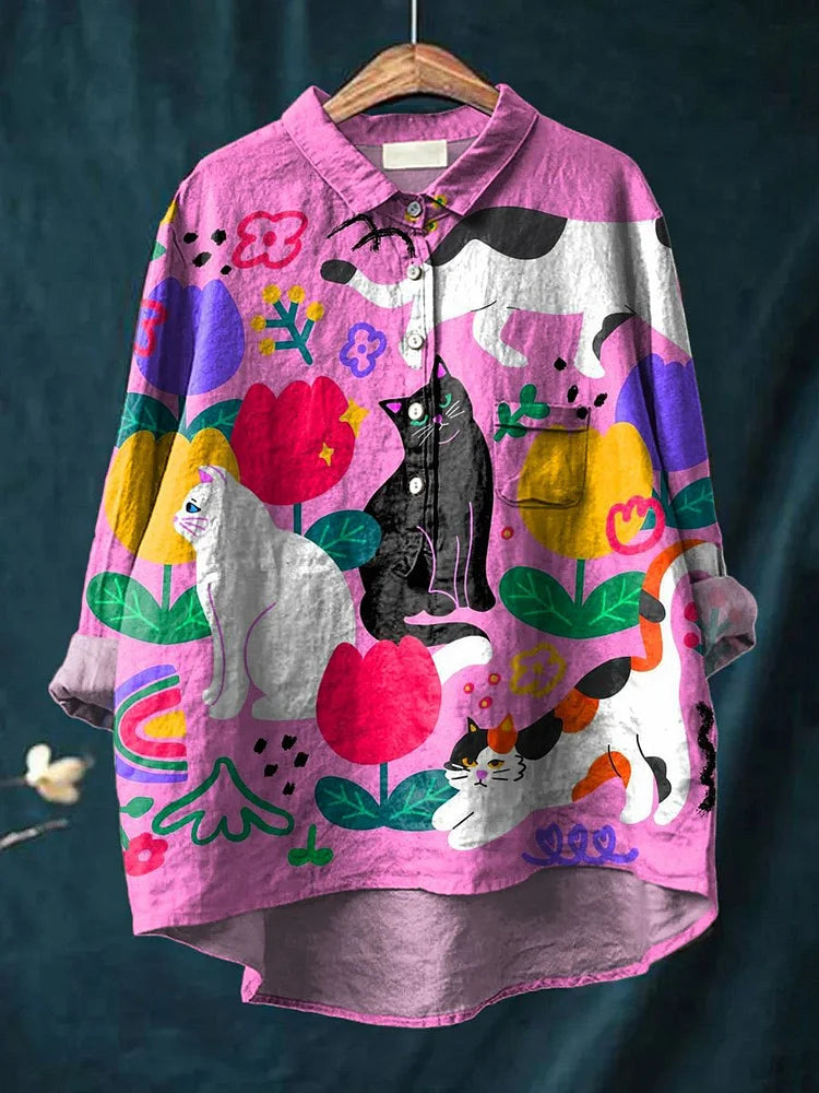Frühlingshafte Damen Oversize Bluse mit verspieltem Katzenmotiv-Druck; komfortabel & stilvoll.